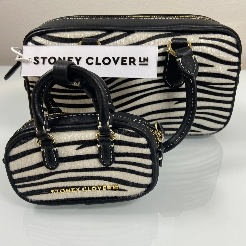 Stoney Clover Lane Womens Pouchette Black Zebra Print Safari Handbag‎ Set New1